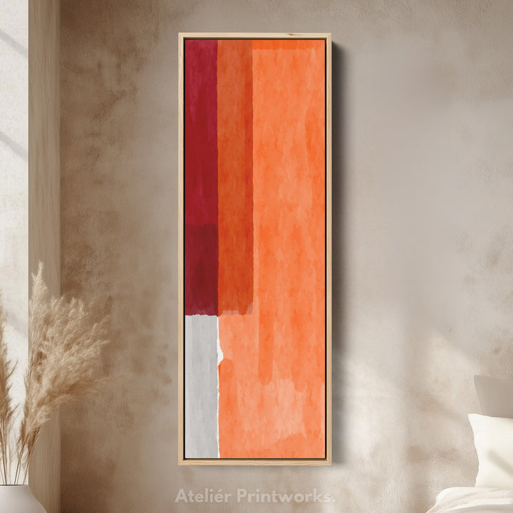 Toile encadrée verticale abstraite avec blocs rouges et orange pour salon ou chambre à coucher