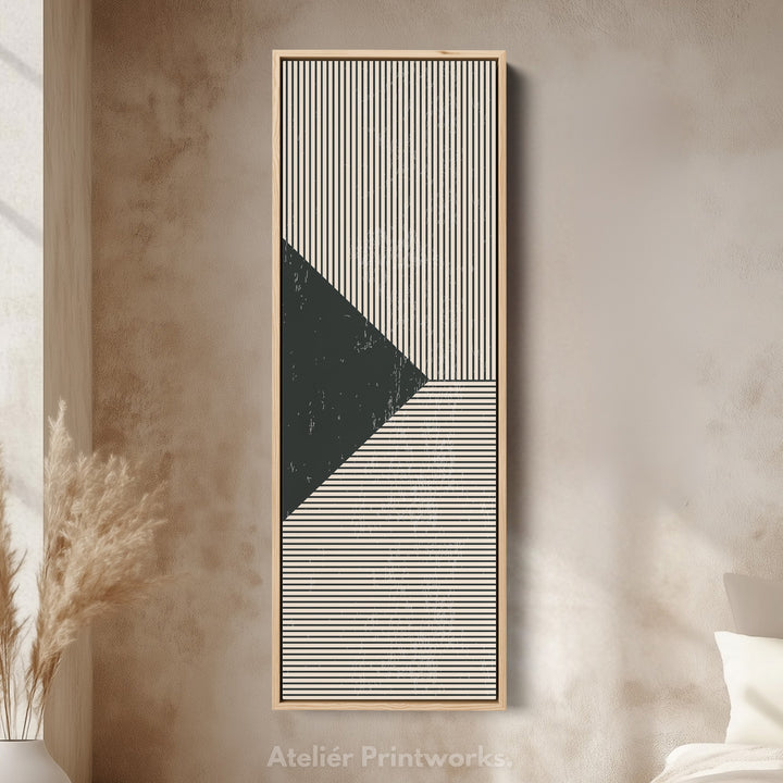 Minimalist Black and Beige Stripes Vertical Framed Canvas Wall Art for Hallway or Office