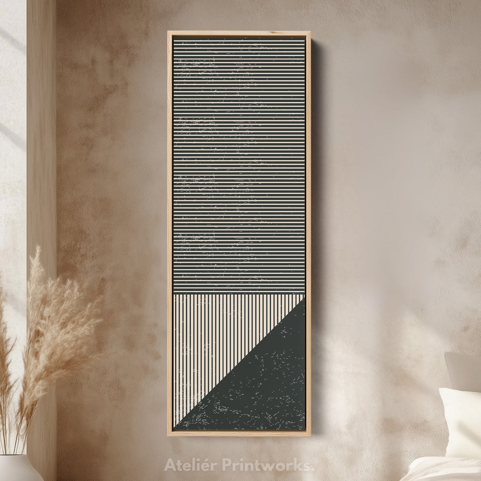 Minimalistische gestreifte geometrische vertikale gerahmte Leinwand-Wandkunst für Büro oder Flur