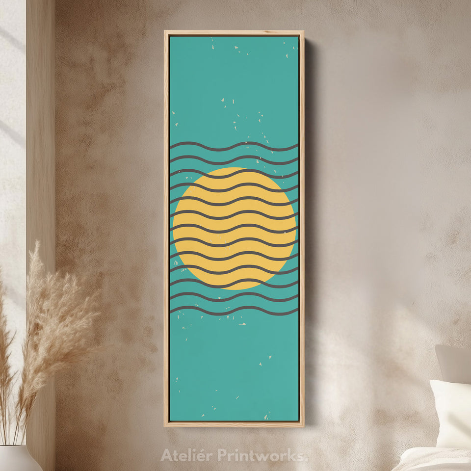 Teal and Yellow Minimalist Sun Vertical Framed Canvas Wall Art for Hallway or Bedroom