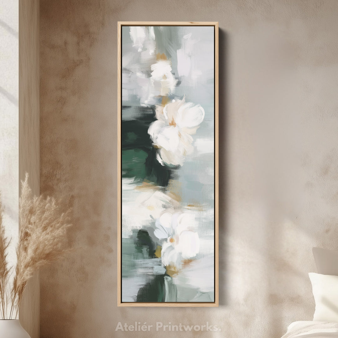 Vertical Wall Art White Floral On Deep Green For Bedroom Or Hallway