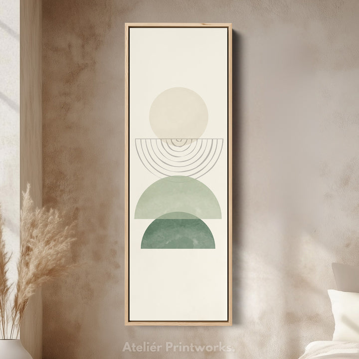 Vertical Framed Canvas Abstract Stacked Shapes In Green And Beige