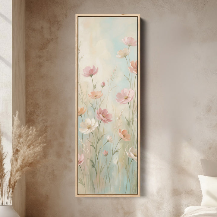 Long Wall Art Soft Pink Wildflowers Statement Wall Decor For Bedroom