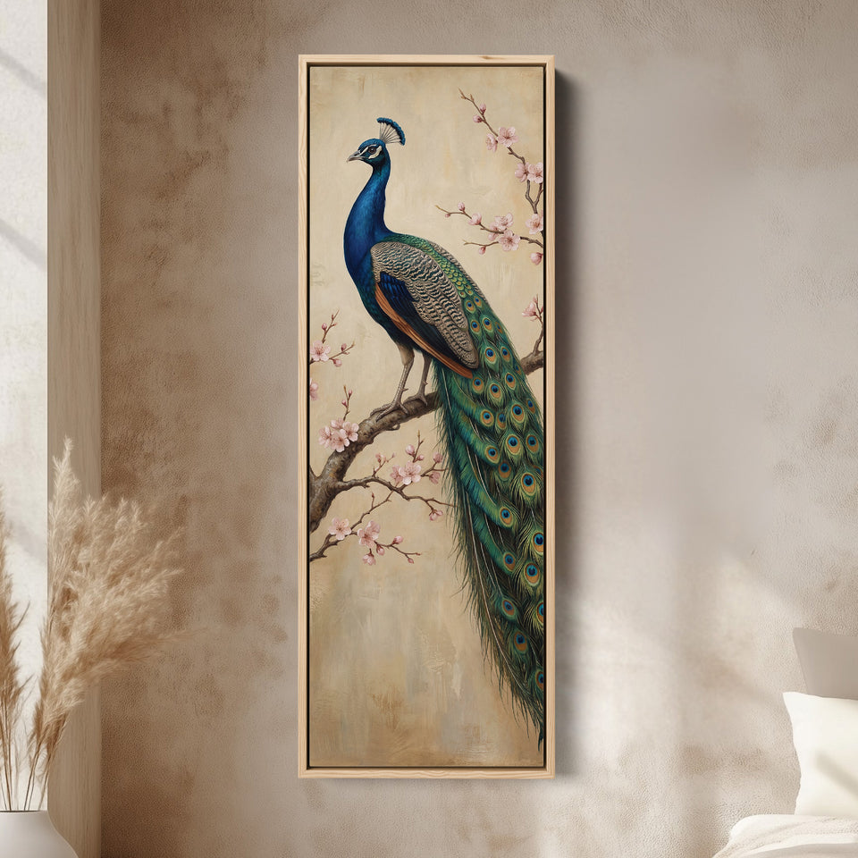 Peacock On Branch Large Wall Art Framed Canvas Print Office