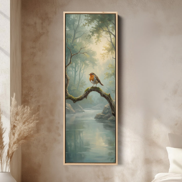 Robin On Branch Long Wall Art Vertical Canvas Print Hallway