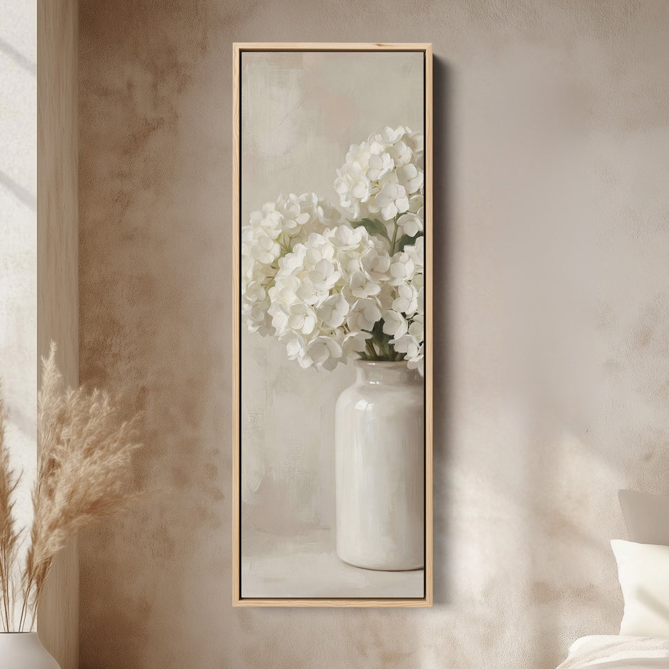 White Hydrangea Tall Wall Art Neutral Canvas Bedroom