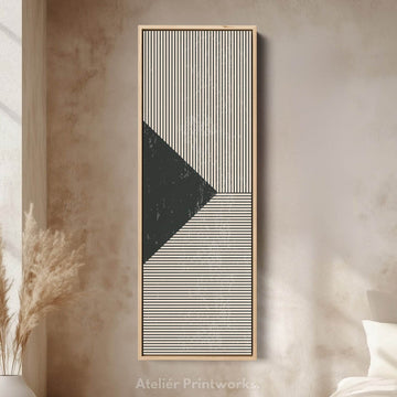Minimalist Black and Beige Stripes Vertical Framed Canvas Wall Art for Hallway or Office - Atelier Printworks