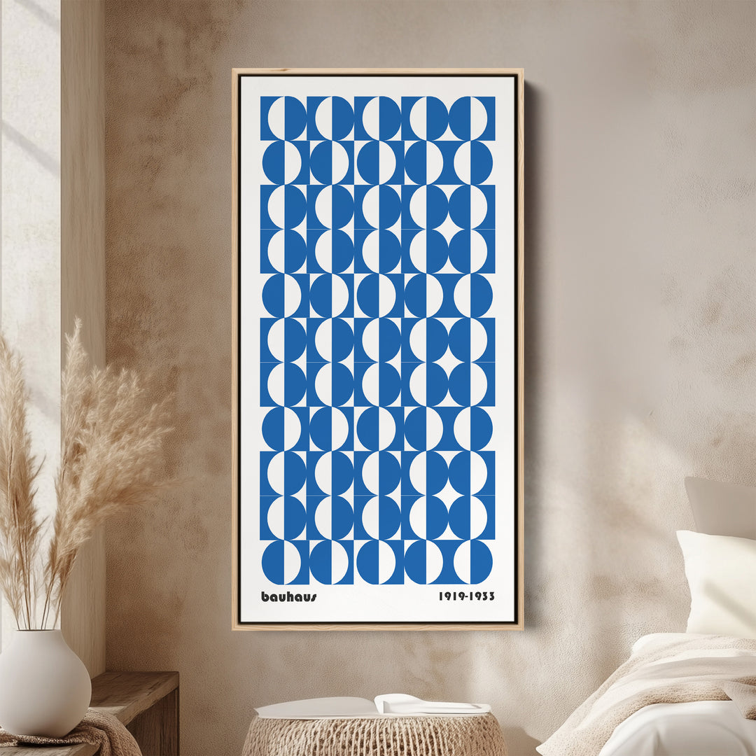 Bauhaus Vertical Wall Art Blue Circle Pattern Tall Canvas For Office