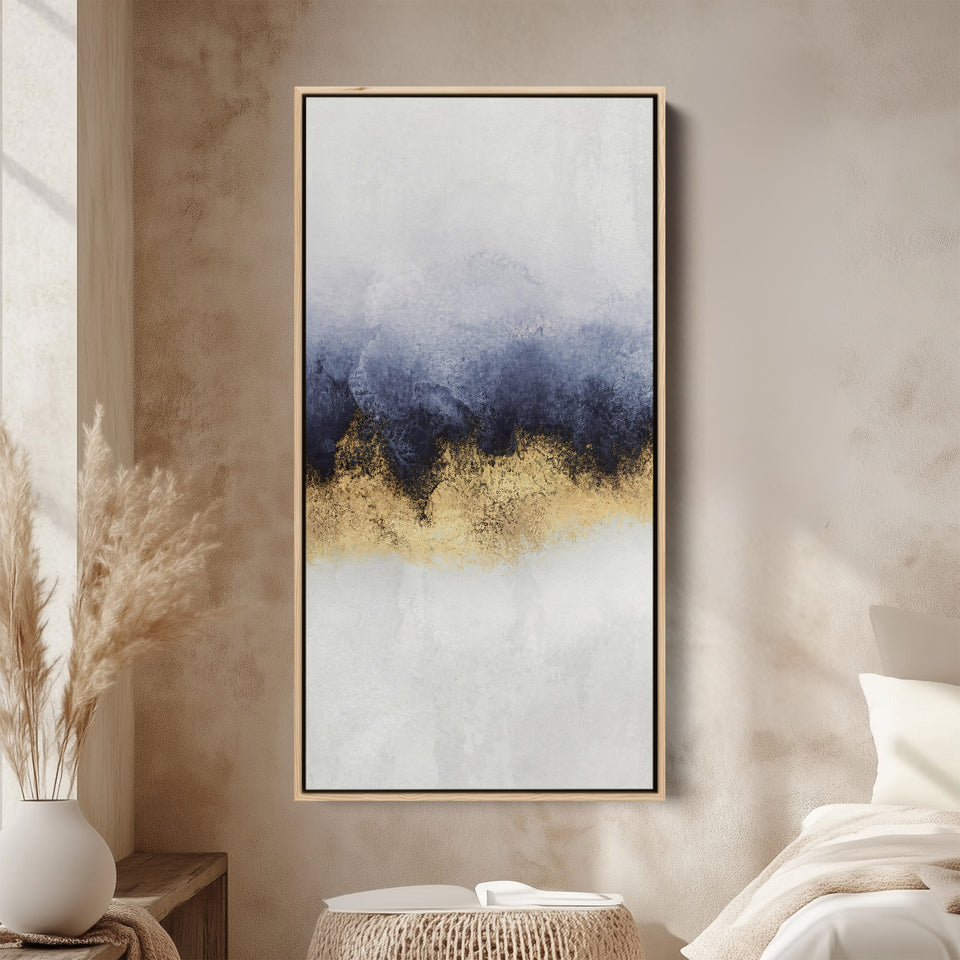 Large Vertical Wall Art Blue Gold Band Tall Canvas For Bedroom