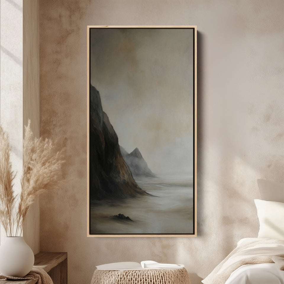 Tall Framed Canvas Misty Coastal Cliffs Vertical Canvas For Hallway