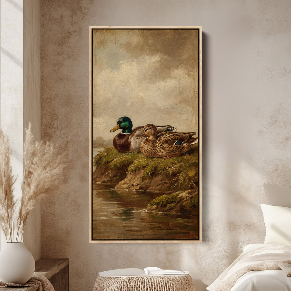 Mallard Duck Pair Narrow Wall Art Vertical Canvas For Kitchen