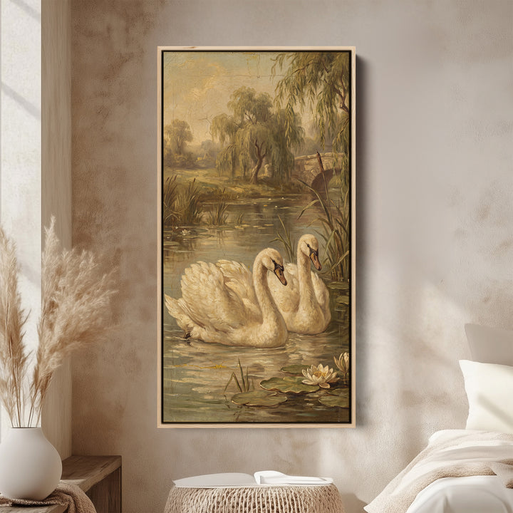 Swans On Pond Tall Wall Art Framed Canvas Print For Bedroom