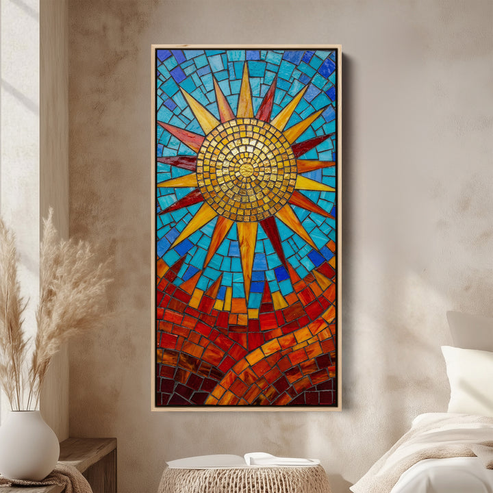 Mosaic Sun Tall Framed Canvas Vertical Canvas For Bedroom