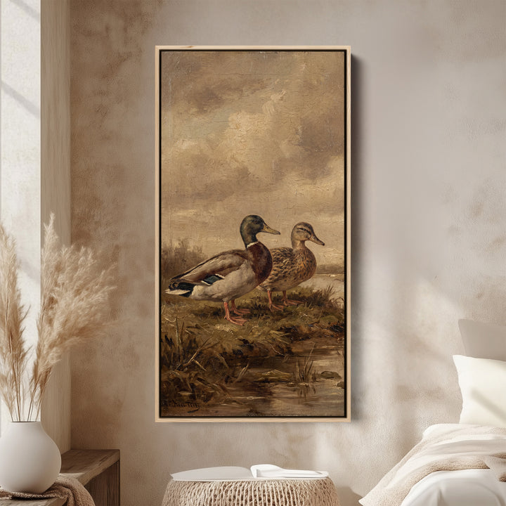 Mallard Standing Pair Narrow Wall Art Tall Canvas For Office