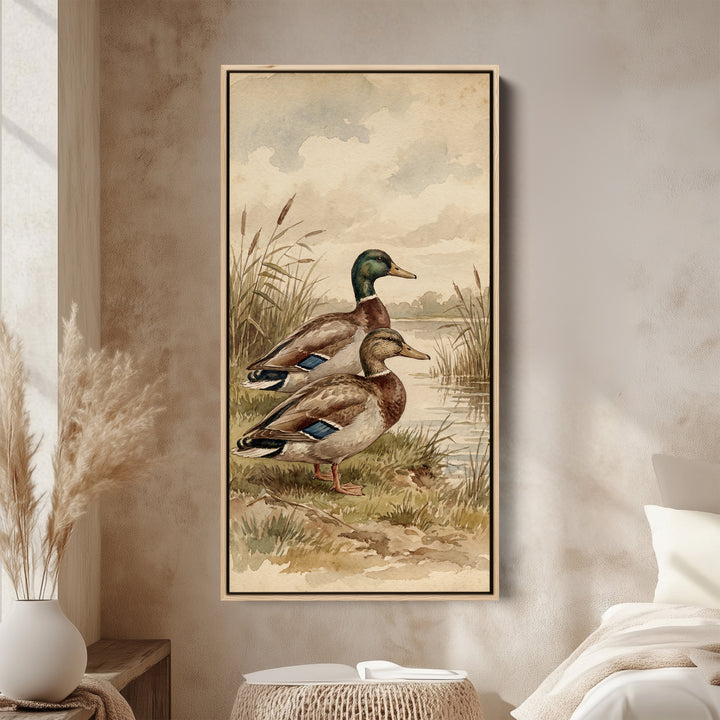 Mallard Ducks Riverbank Narrow Wall Art Vertical Canvas For Kitchen