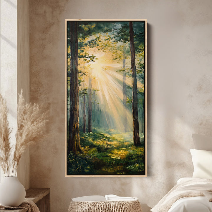 Sunlit Forest Rays Tall Wall Art Vertical Canvas For Bedroom