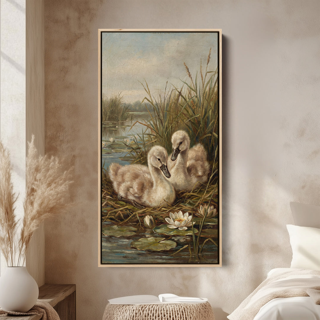 Swan Cygnets Pond Tall Narrow Canvas Vertical Canvas For Bedroom
