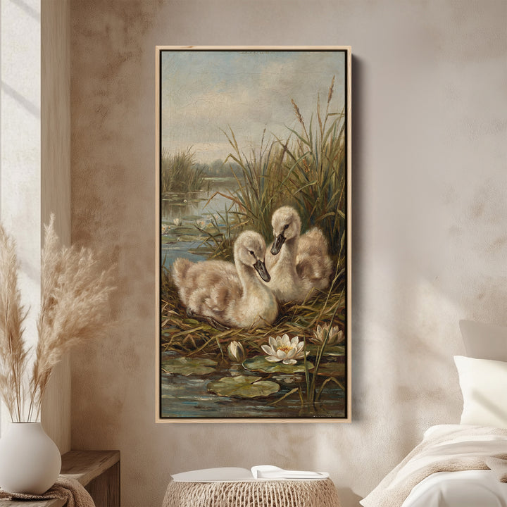 Swan Cygnets Pond Tall Narrow Canvas Vertical Canvas For Bedroom