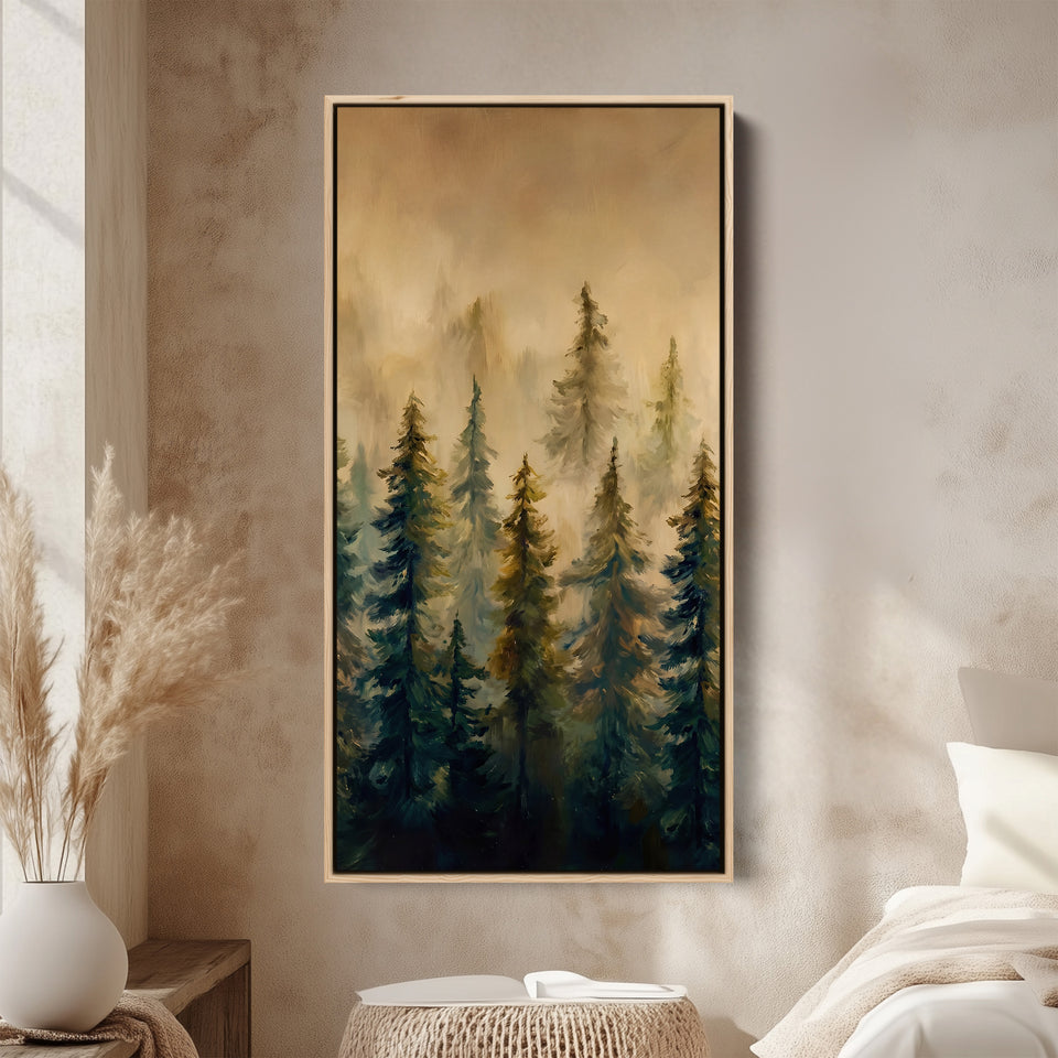 Misty Pine Forest Long Wall Art Tall Canvas For Living Room