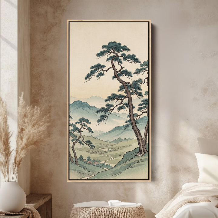 Narrow Japanese Wall Art Pine Tree Valley Vertical Canvas For Living Room