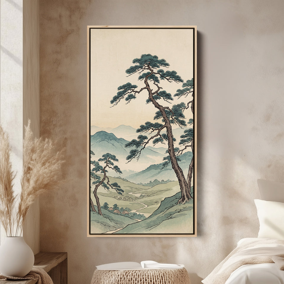 Narrow Japanese Wall Art Pine Tree Valley Vertical Canvas For Living Room