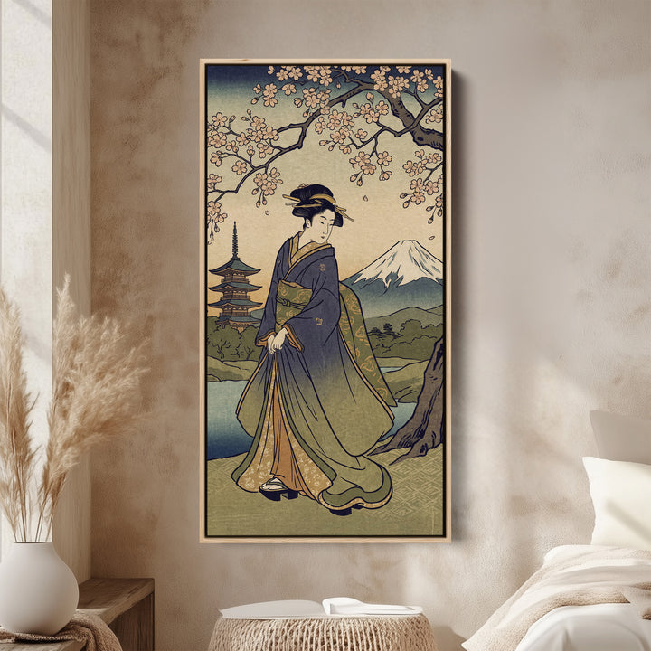 Tall Narrow Canvas Geisha Cherry Blossom Vertical Canvas For Office