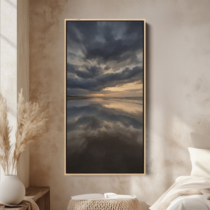 Portrait Wall Art Stormy Beach Reflection Tall Canvas For Living Room