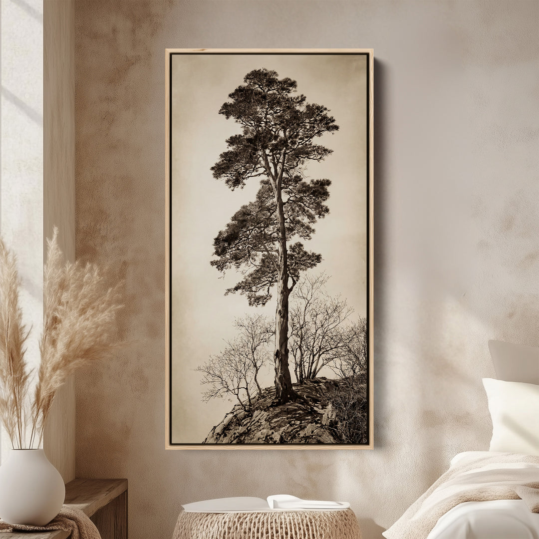 Vertical Wall Art Lone Tree On Rocky Hill Tall Canvas For Living Room