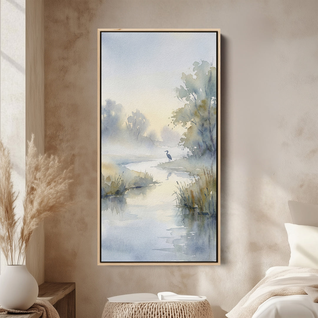 Narrow Wall Art Watercolour River Landscape Vertical Canvas For Bedroom