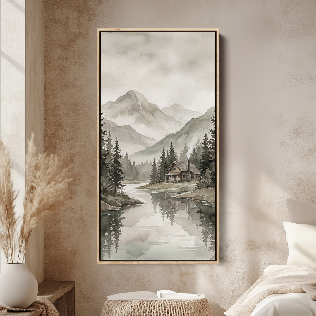 Vertical Wall Art Misty Mountain Lake Cabin Tall Canvas For Living Room