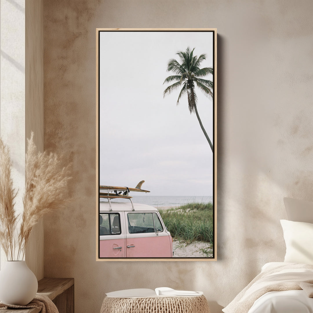 Surf Van And Palm Tree Narrow Wall Art Framed Canvas Print For Bedroom