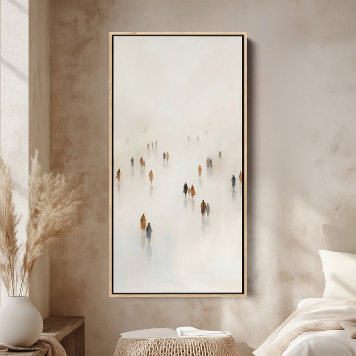 Tall Narrow Canvas For Office Figures Walking In Fog Vertical Canvas