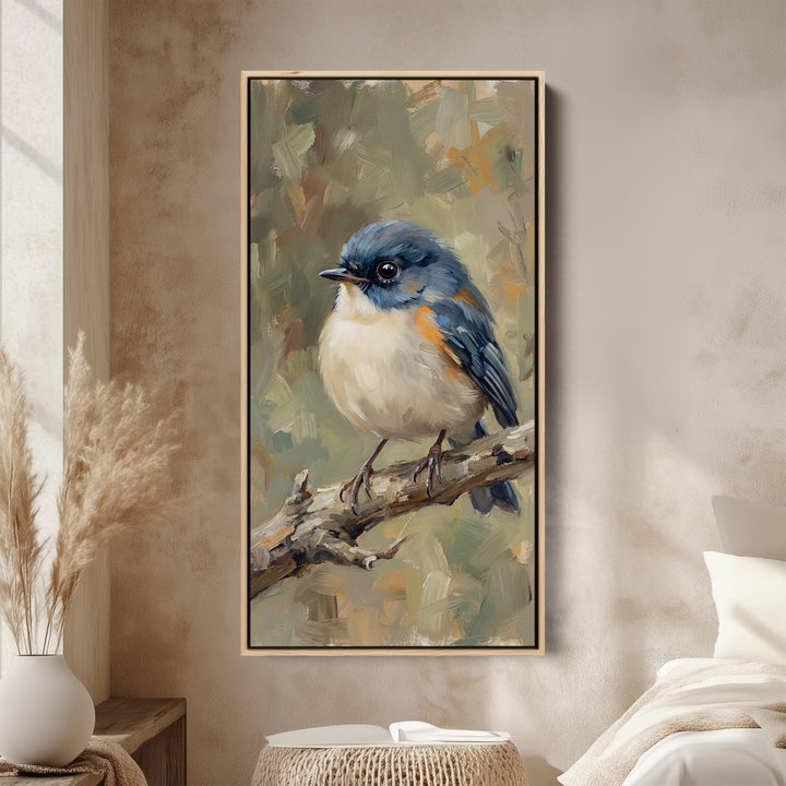 Large Vertical Wall Art Blue Bird On Branch Portrait Wall Art For Office