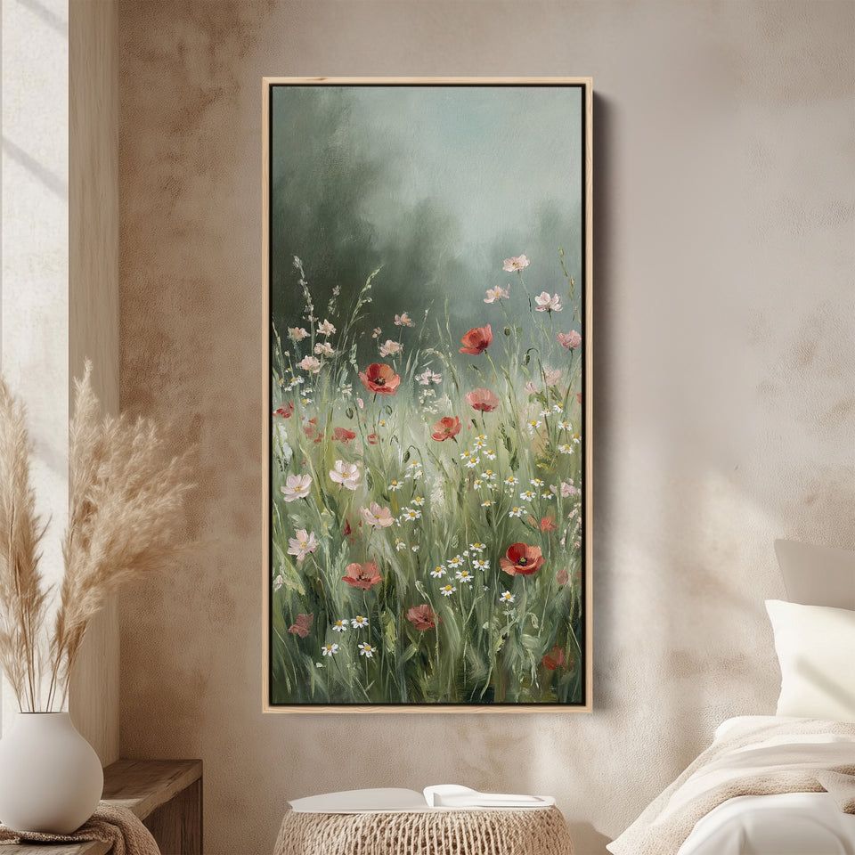 Portrait Wall Art Wildflower Meadow With Poppies Tall Canvas For Bedroom