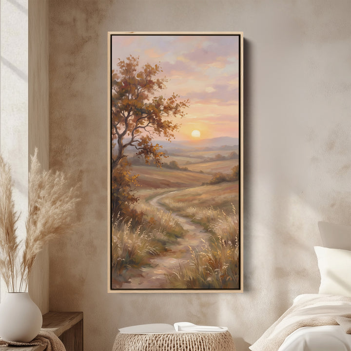 Autumn Tree Sunset Path Tall Framed Canvas Framed Canvas Print For Bedroom