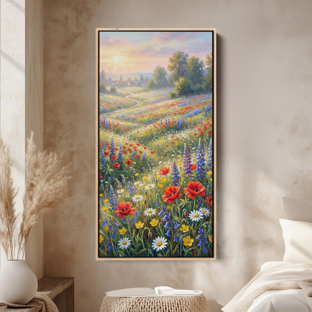 Narrow Wall Art Bright Wildflower Field Portrait Wall Art For Office