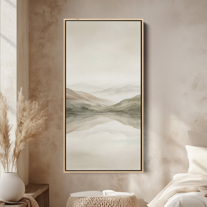 Minimal Misty Mountains Reflection Tall Narrow Canvas Framed Canvas Print For Bedroom