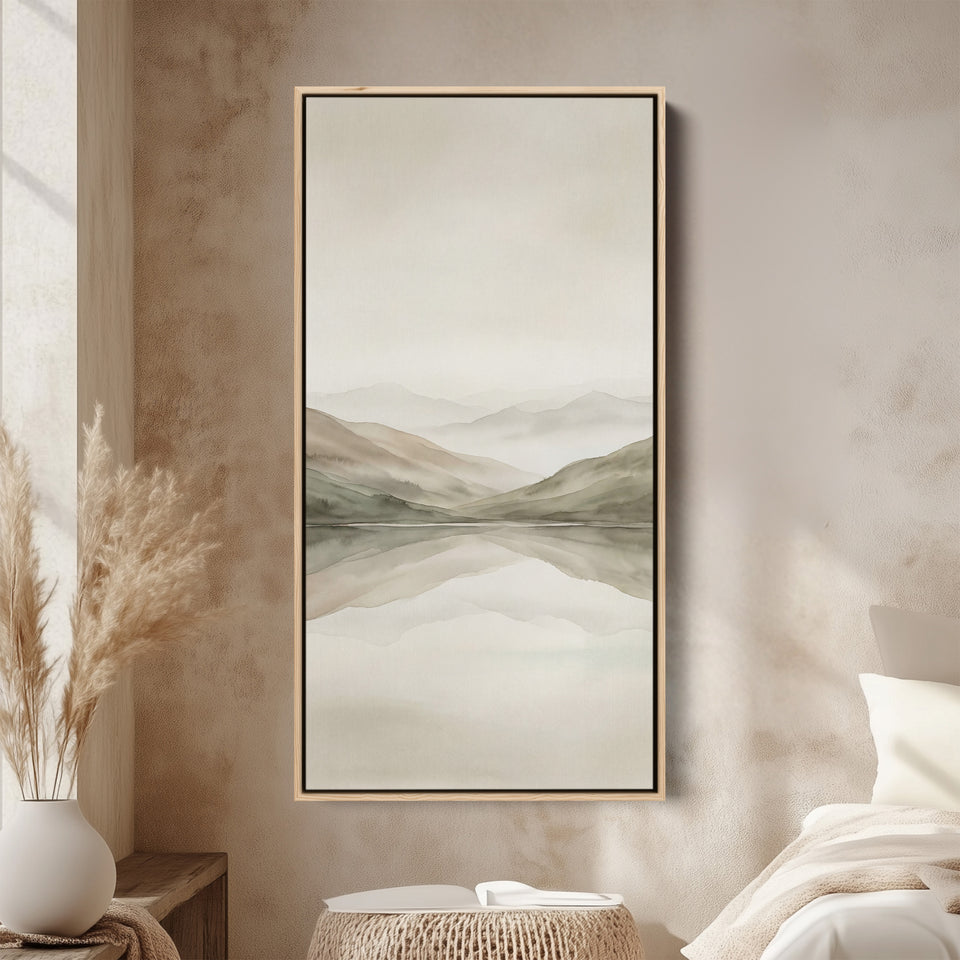 Minimal Misty Mountains Reflection Tall Narrow Canvas Framed Canvas Print For Bedroom