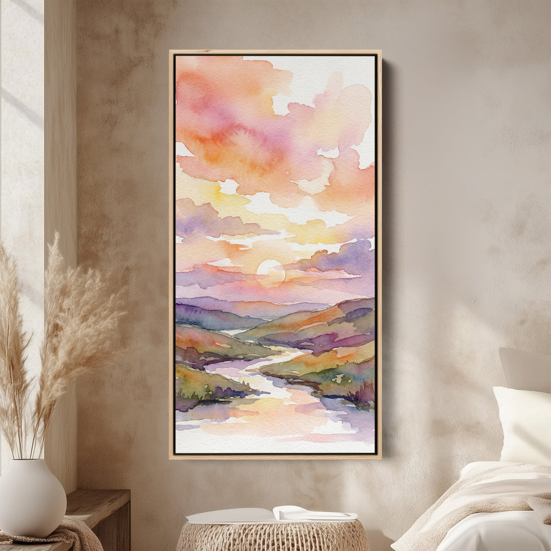 Portrait Wall Art For Office Watercolour Sunset Over River Vertical Canvas