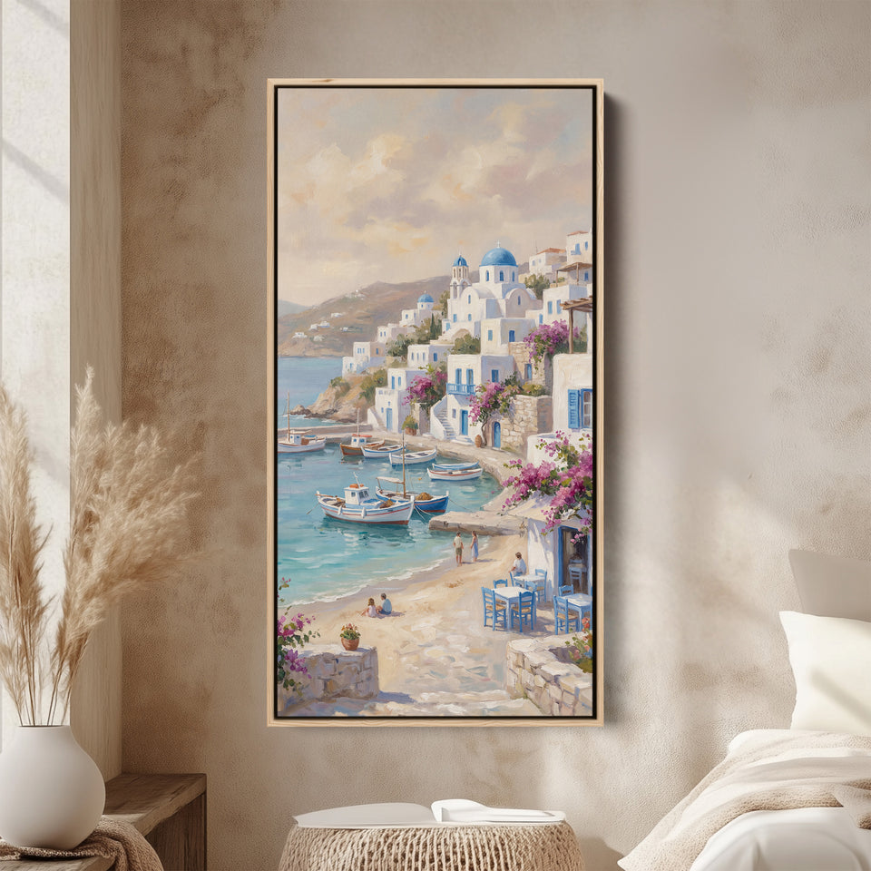 Coastal Village Harbour Boats Vertical Wall Art Framed Canvas Print For Bedroom