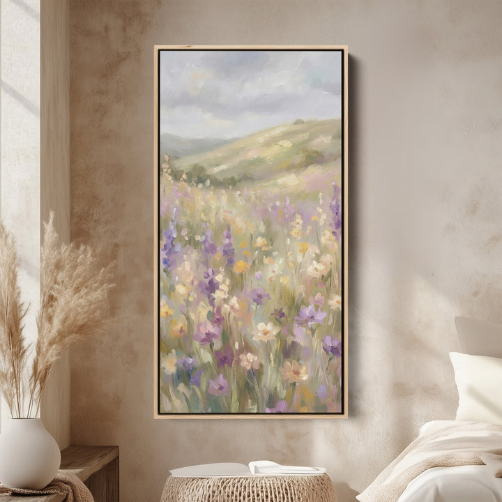 Tall Narrow Canvas Soft Focus Wildflower Meadow Portrait Wall Art For Office