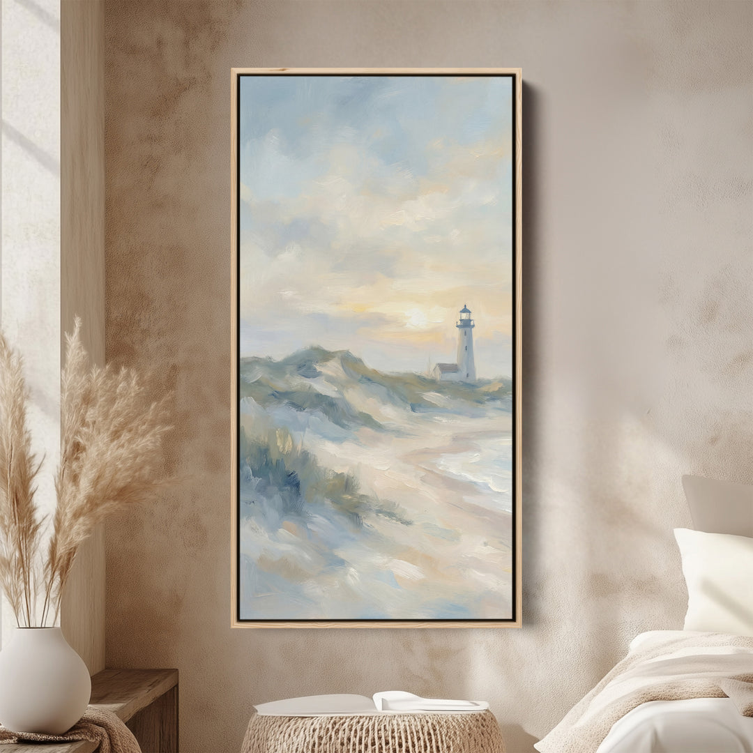 Lighthouse On Coastal Cliffs Portrait Wall Art Framed Canvas Print For Bedroom