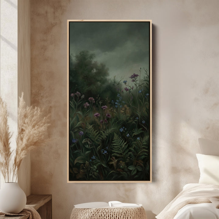 Large Vertical Wall Art Tall Framed Canvas Dark Forest Flowers And Ferns For Hallway