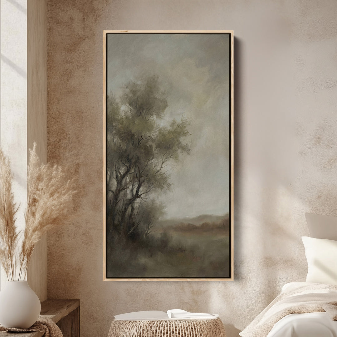 Long Wall Art For Office Foggy Tree Landscape Vertical Canvas