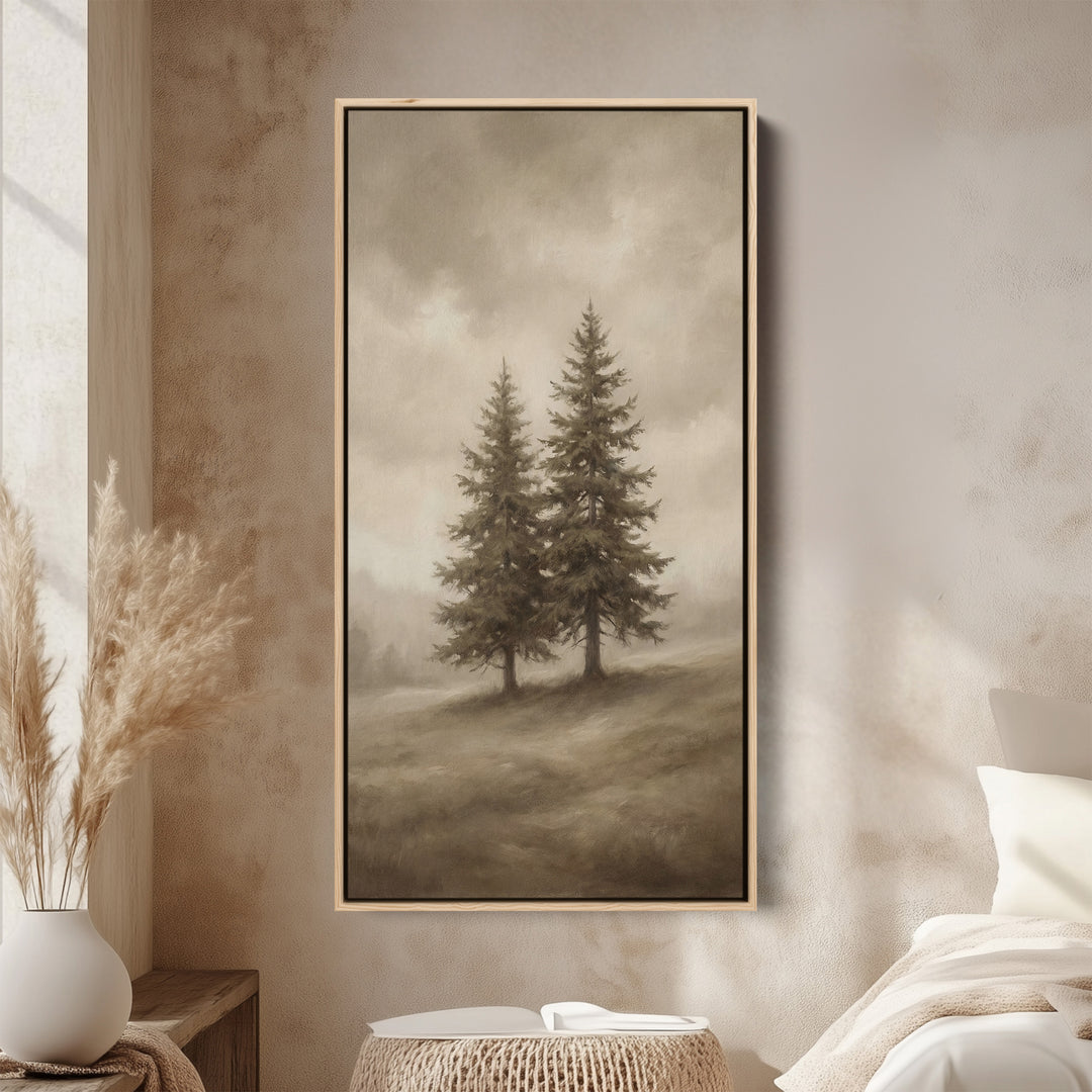 Narrow Wall Art Two Pine Trees In Fog Tall Canvas For Living Room