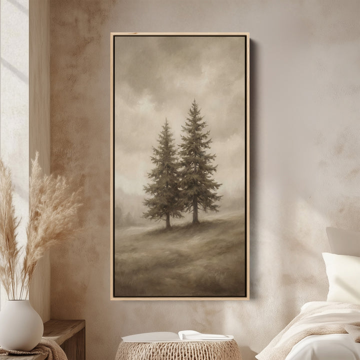 Narrow Wall Art Two Pine Trees In Fog Tall Canvas For Living Room