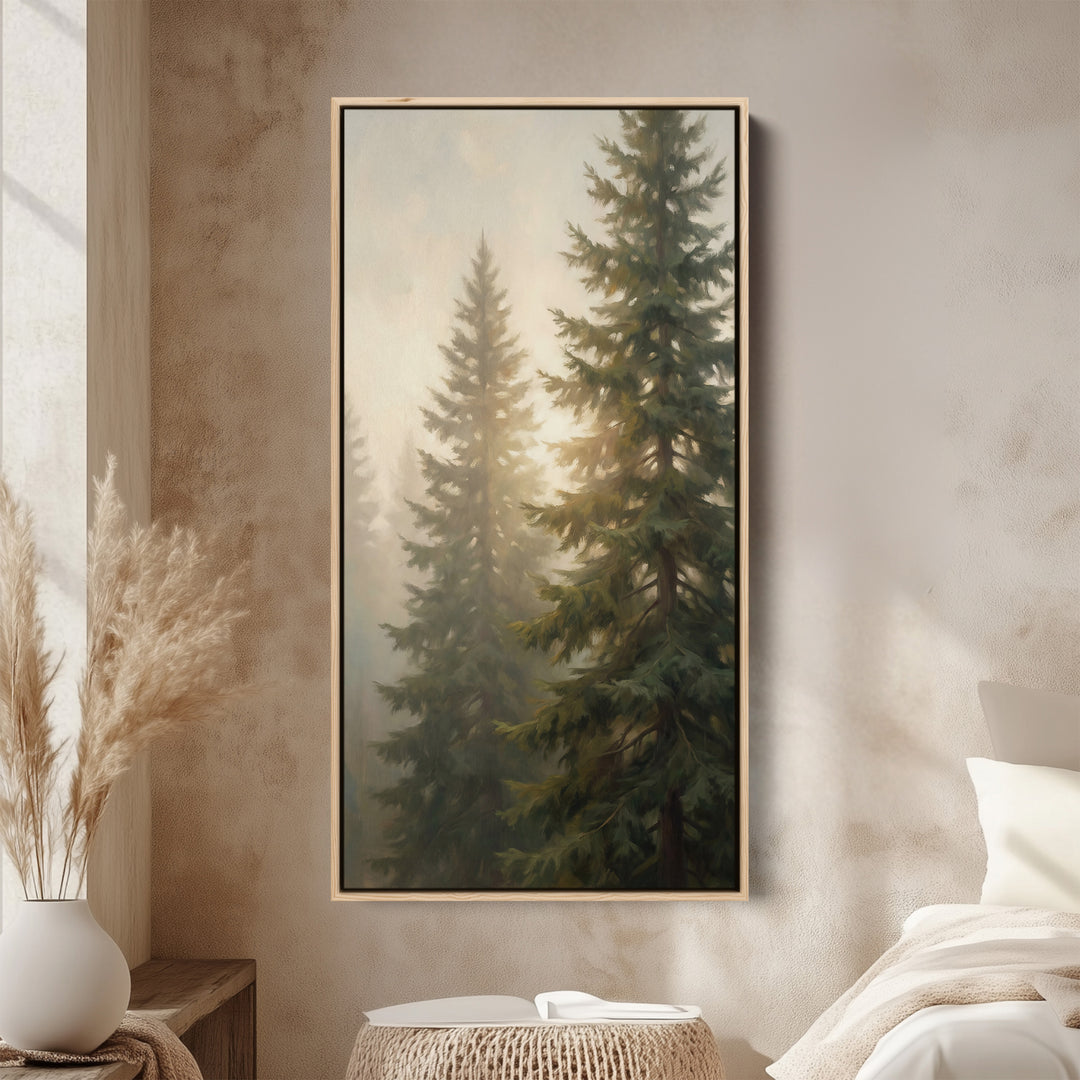 Evergreen Trees In Haze Tall Wall Art Framed Canvas Print For Bedroom