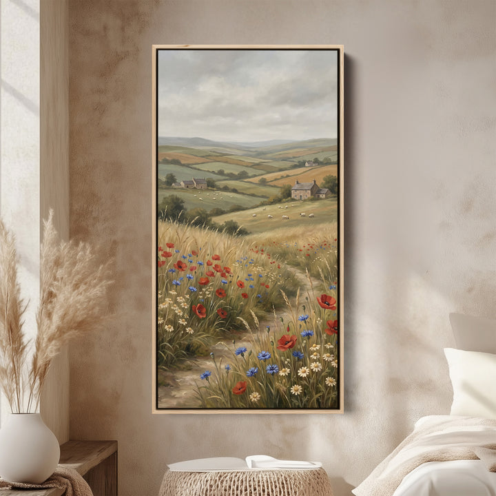 Portrait Wall Art Countryside Hills With Wildflowers Large Vertical Wall Art For Office