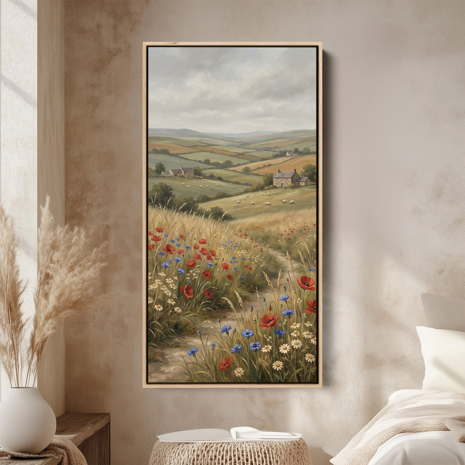 Portrait Wall Art Countryside Hills With Wildflowers Large Vertical Wall Art For Office