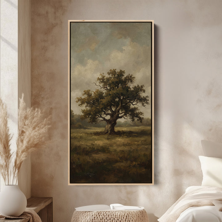 Lone Tree In Field Large Vertical Wall Art Framed Canvas Print For Bedroom